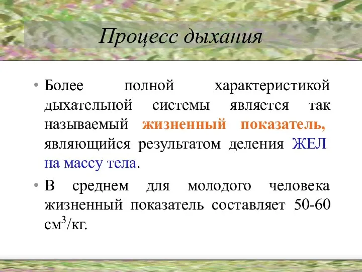 Процесс дыхания Более полной характеристикой дыхательной системы является так называемый жизненный