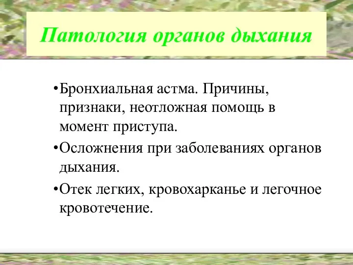 Патология органов дыхания Бронхиальная астма. Причины, признаки, неотложная помощь в момент