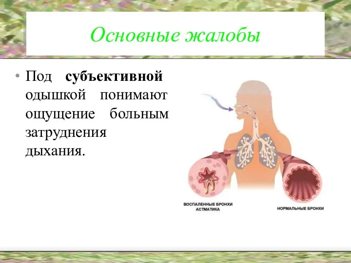 Основные жалобы Под субъективной одышкой понимают ощущение больным затруднения дыхания.