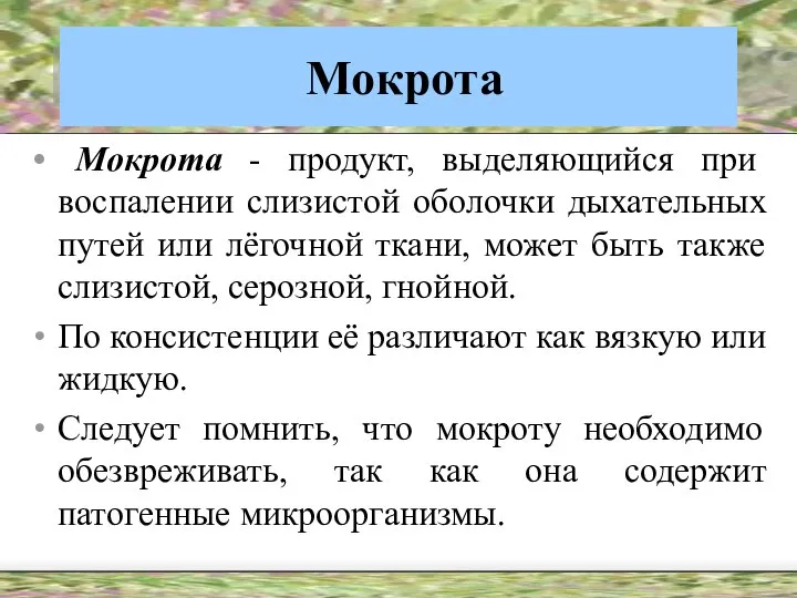 Мокрота Мокрота - продукт, выделяющийся при воспалении слизистой оболочки дыхательных путей