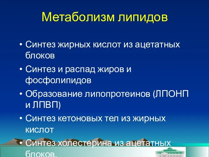 Метаболизм липидов Синтез жирных кислот из ацетатных блоков Синтез и распад