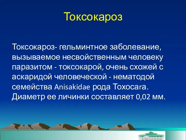 Токсокароз- гельминтное заболевание, вызываемое несвойственным человеку паразитом - токсокарой, очень схожей