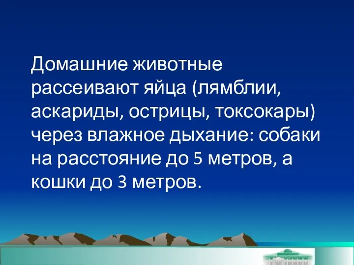 Домашние животные рассеивают яйца (лямблии, аскариды, острицы, токсокары) через влажное дыхание: