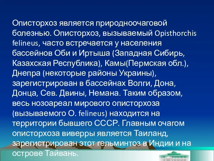 Описторхоз является природноочаговой болезнью. Описторхоз, вызываемый Opisthorchis felineus, часто встречается у