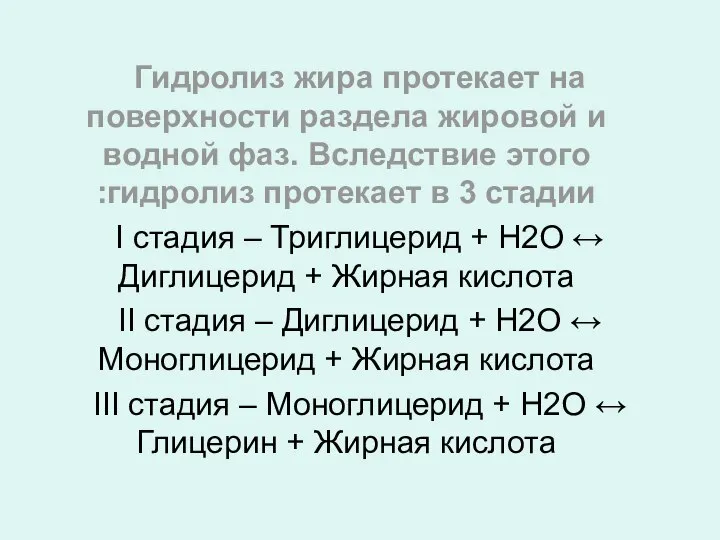 Гидролиз жира протекает на поверхности раздела жировой и водной фаз. Вследствие