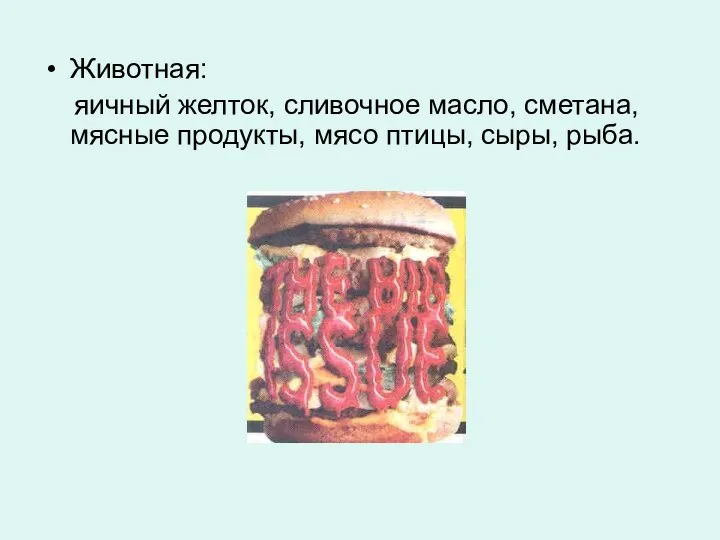 Животная: яичный желток, сливочное масло, сметана, мясные продукты, мясо птицы, сыры, рыба.