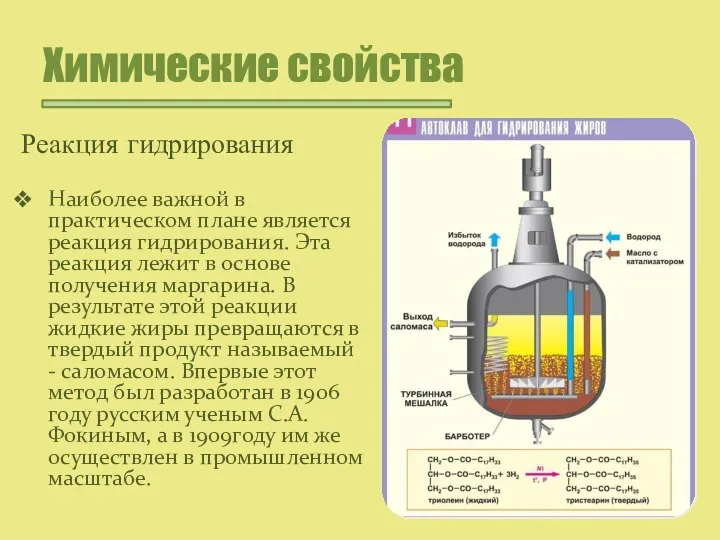 Химические свойства Реакция гидрирования Наиболее важной в практическом плане является реакция