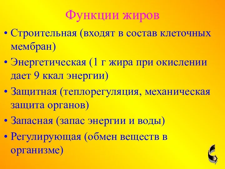 Функции жиров Строительная (входят в состав клеточных мембран) Энергетическая (1 г