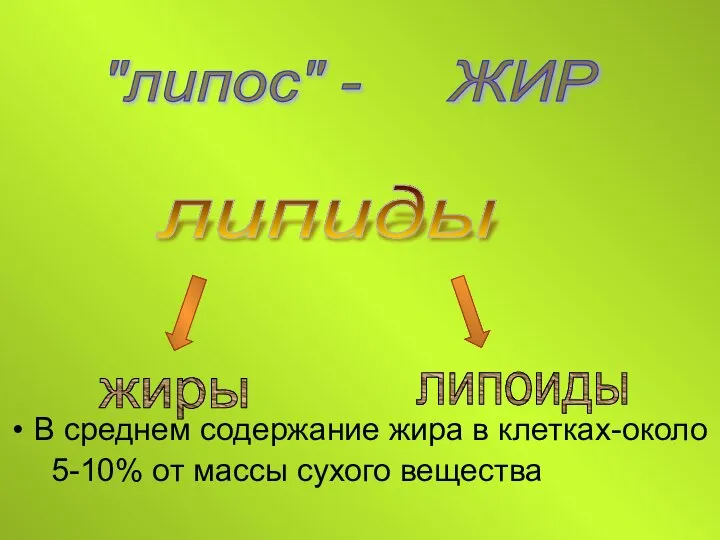 В среднем содержание жира в клетках-около 5-10% от массы сухого вещества