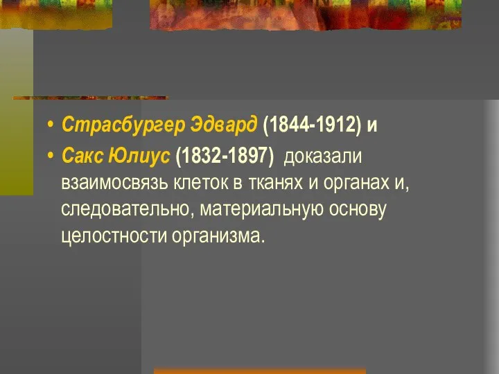 Страсбургер Эдвард (1844-1912) и Сакс Юлиус (1832-1897) доказали взаимосвязь клеток в