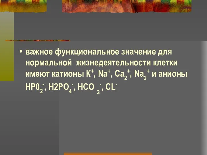 важное функциональное значение для нормальной жизнедеятельности клетки имеют катионы К+, Nа+,