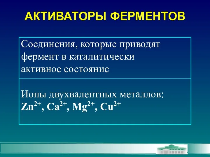 АКТИВАТОРЫ ФЕРМЕНТОВ Соединения, которые приводят фермент в каталитически активное состояние Ионы