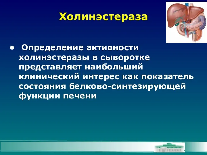 Холинэстераза Определение активности холинэстеразы в сыворотке представляет наибольший клинический интерес как показатель состояния белково-синтезирующей функции печени