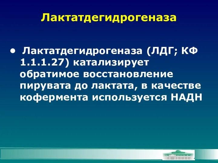 Лактатдегидрогеназа Лактатдегидрогеназа (ЛДГ; КФ 1.1.1.27) катализирует обратимое восстановление пирувата до лактата, в качестве кофермента используется НАДН