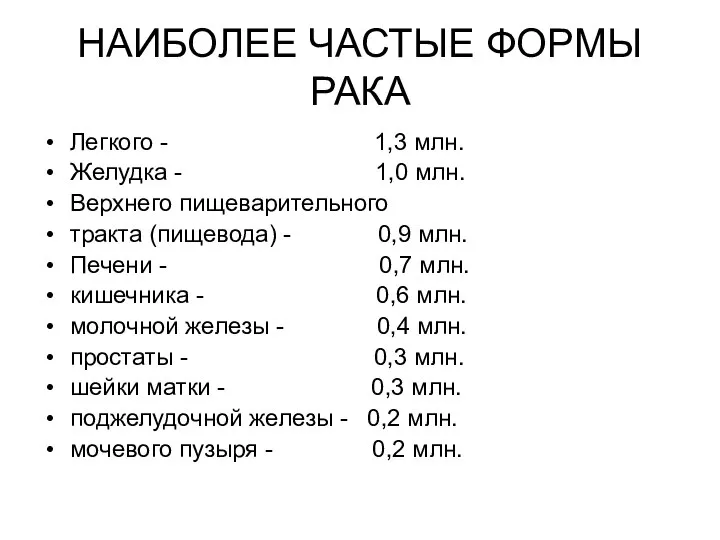 НАИБОЛЕЕ ЧАСТЫЕ ФОРМЫ РАКА Легкого - 1,3 млн. Желудка - 1,0