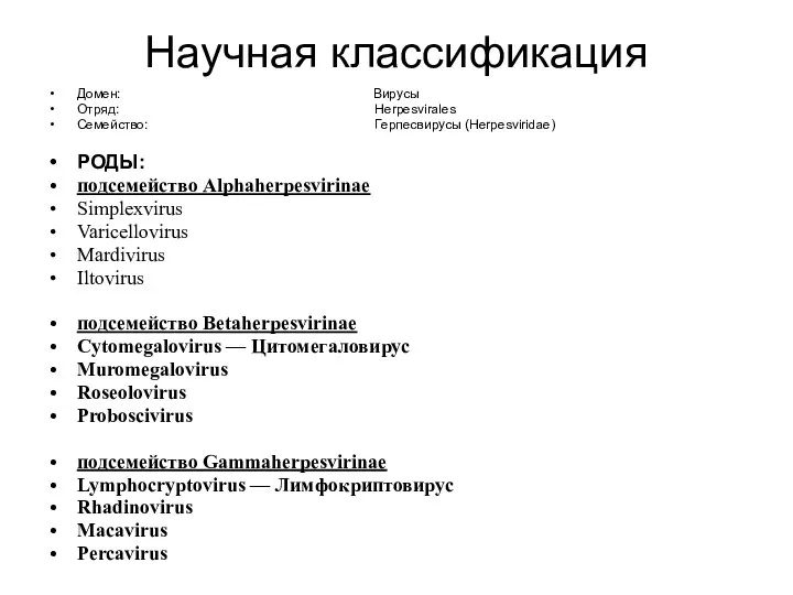 Научная классификация Домен: Вирусы Отряд: Herpesvirales Семейство: Герпесвирусы (Herpesviridae) РОДЫ: подсемейство