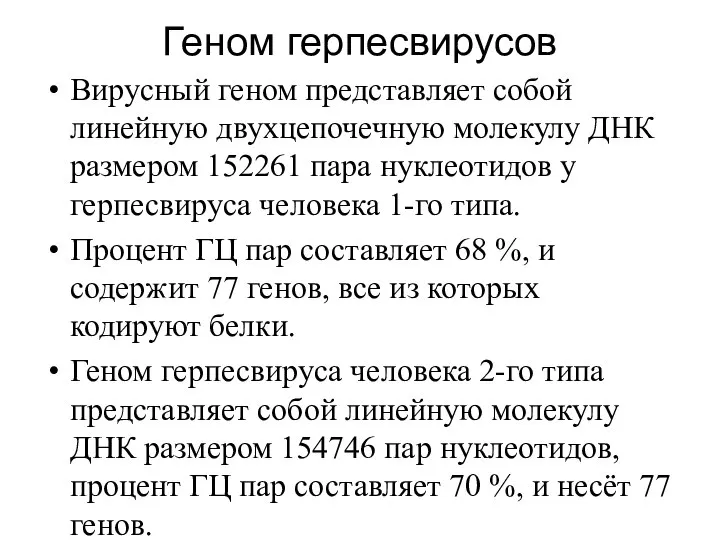 Геном герпесвирусов Вирусный геном представляет собой линейную двухцепочечную молекулу ДНК размером