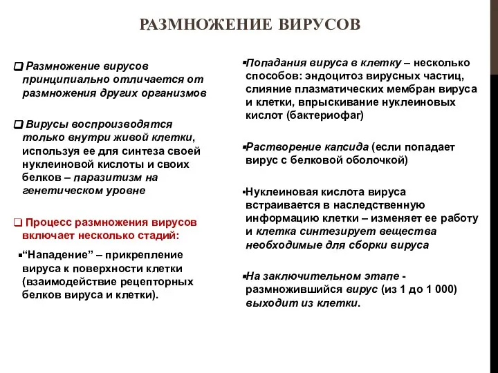 РАЗМНОЖЕНИЕ ВИРУСОВ Размножение вирусов принципиально отличается от размножения других организмов Вирусы