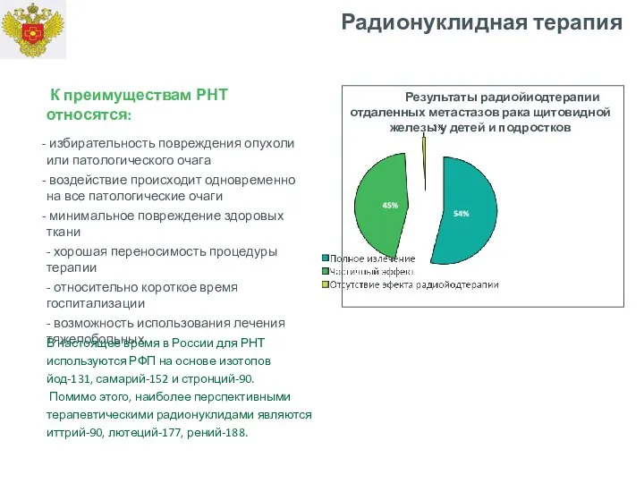 Радионуклидная терапия К преимуществам РНТ относятся: избирательность повреждения опухоли или патологического