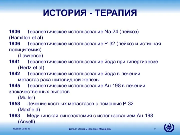 1936 Терапевтическое использование Na-24 (лейкоз) (Hamilton et al) 1936 Терапевтическое использование