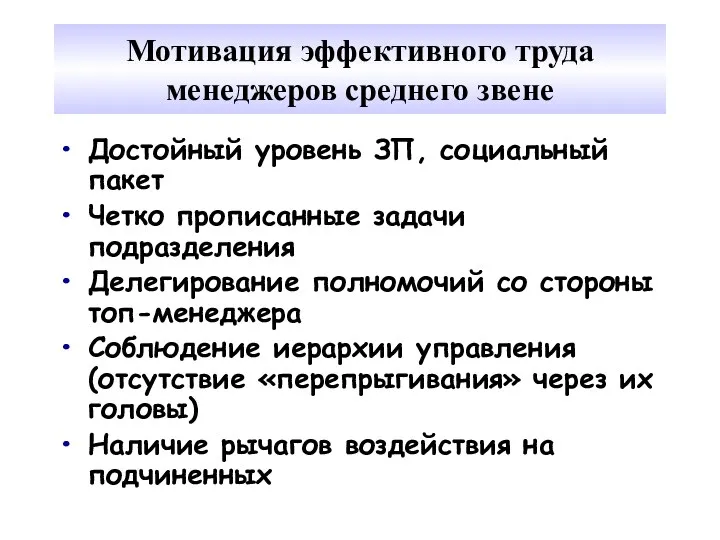 Мотивация эффективного труда менеджеров среднего звене Достойный уровень ЗП, социальный пакет