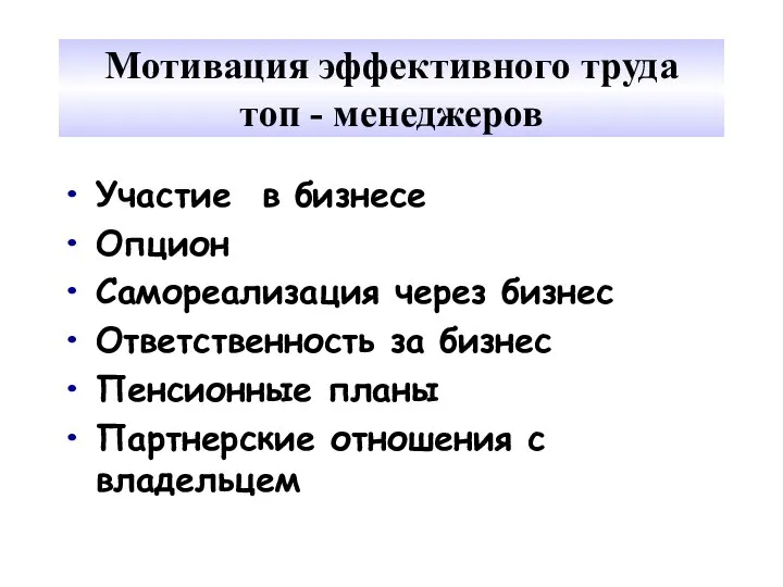 Мотивация эффективного труда топ - менеджеров Участие в бизнесе Опцион Самореализация