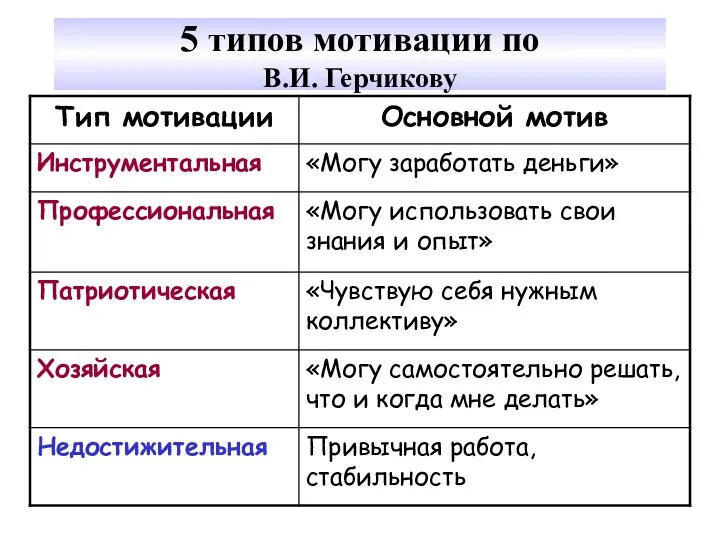 5 типов мотивации по В.И. Герчикову