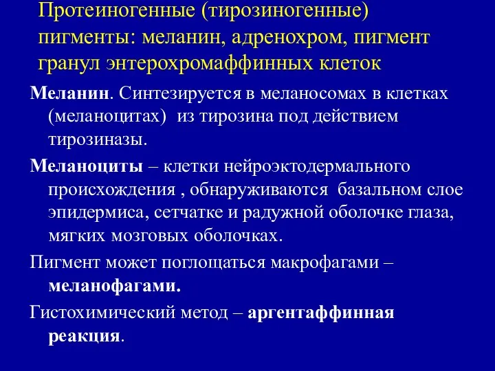 Протеиногенные (тирозиногенные) пигменты: меланин, адренохром, пигмент гранул энтерохромаффинных клеток Меланин. Синтезируется