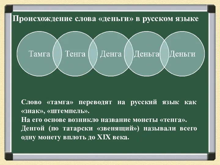 Происхождение слова «деньги» в русском языке Слово «тамга» переводят на русский