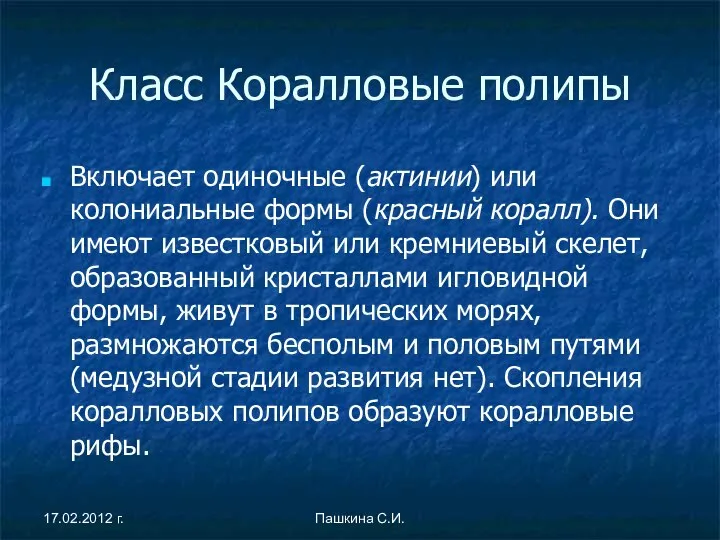 Класс Коралловые полипы Включает одиночные (актинии) или колониальные формы (красный коралл).