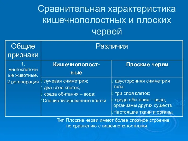 Сравнительная характеристика кишечнополостных и плоских червей Тип Плоские черви имеют более