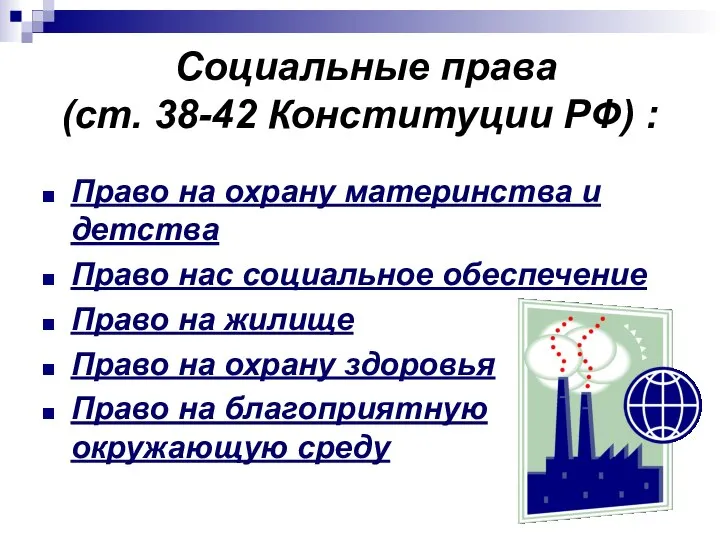 Социальные права (ст. 38-42 Конституции РФ) : Право на охрану материнства