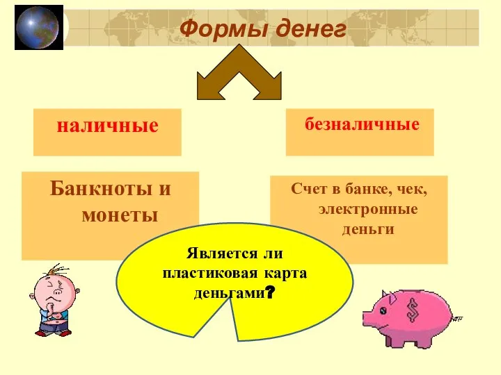 наличные Банкноты и монеты безналичные Счет в банке, чек, электронные деньги