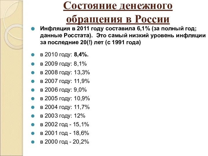 Состояние денежного обращения в России Инфляция в 2011 году составила 6,1%