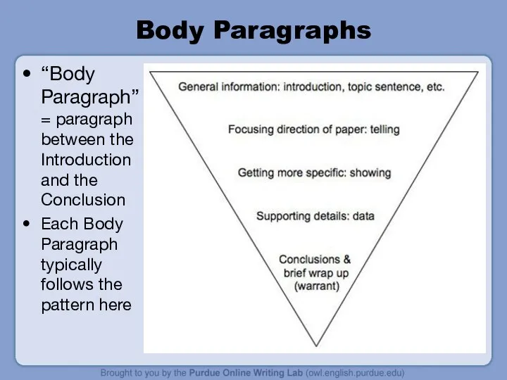 Body Paragraphs “Body Paragraph” = paragraph between the Introduction and the