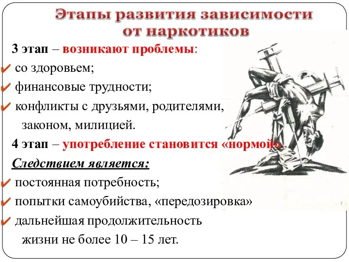 3 этап – возникают проблемы: со здоровьем; финансовые трудности; конфликты с