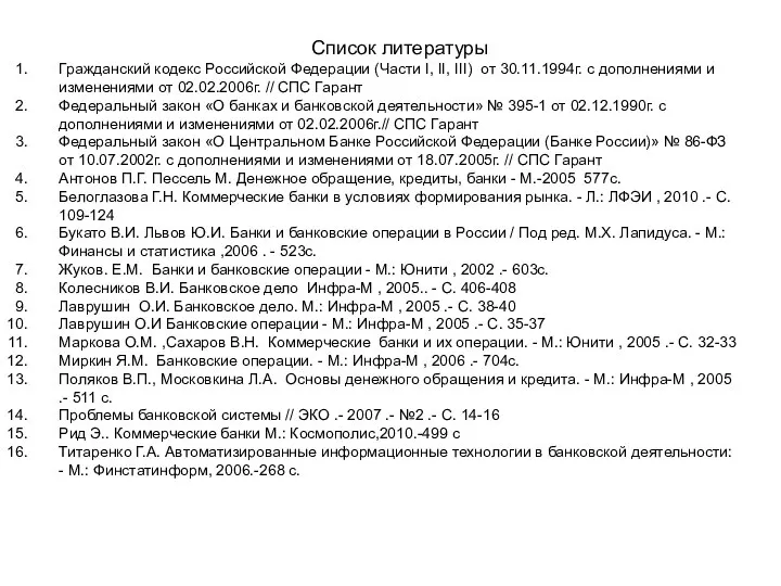 Список литературы Гражданский кодекс Российской Федерации (Части I, II, III) от