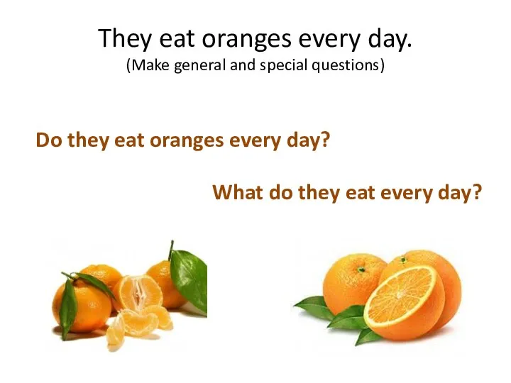 They eat oranges every day. (Make general and special questions) Do