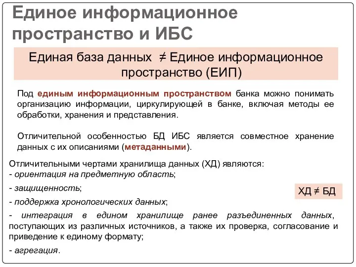 Единое информационное пространство и ИБС Единая база данных ≠ Единое информационное