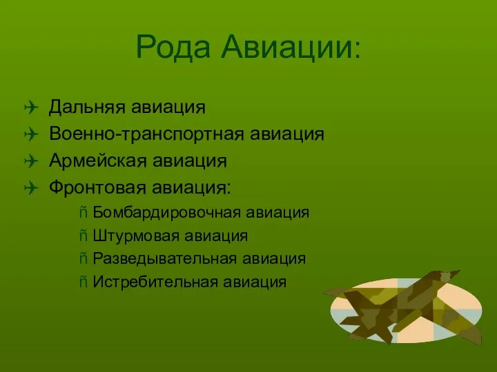 Рода Авиации: Дальняя авиация Военно-транспортная авиация Армейская авиация Фронтовая авиация: Бомбардировочная