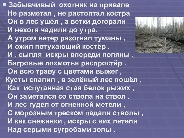 Забывчивый охотник на привале Не разметал , не растоптал костра Он