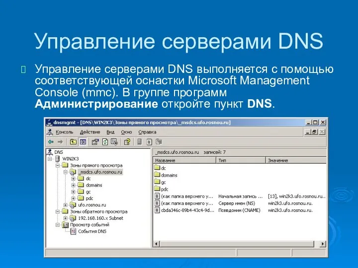 Управление серверами DNS Управление серверами DNS выполняется с помощью соответствующей оснастки