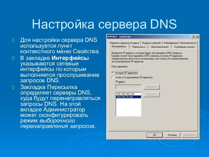 Настройка сервера DNS Для настройки сервера DNS используется пункт контекстного меню