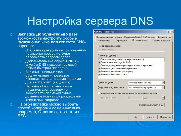 Настройка сервера DNS Закладка Дополнительно дает возможность настроить особые функциональные возможности