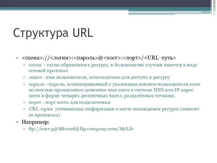 Структура URL :// : @ : / схема - схема обращения