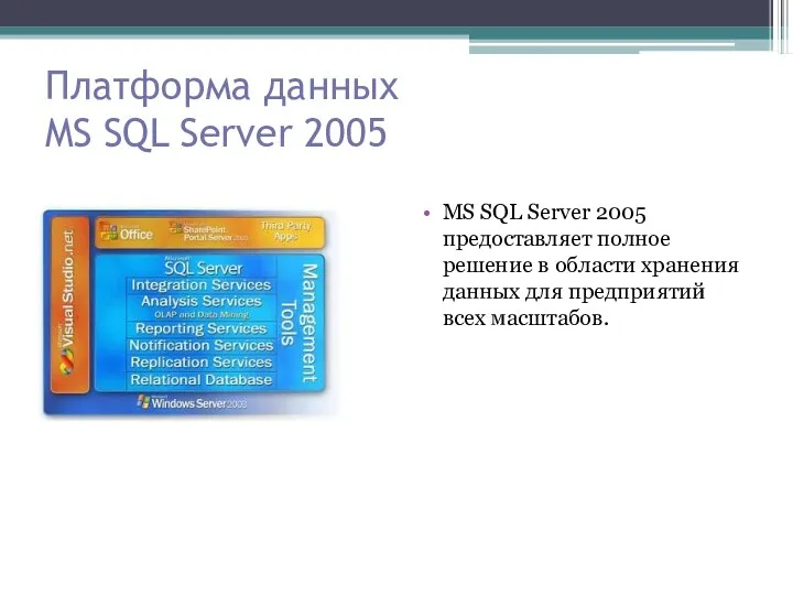 Платформа данных MS SQL Server 2005 MS SQL Server 2005 предоставляет