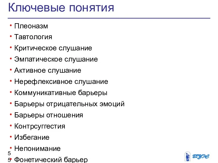 Ключевые понятия Плеоназм Тавтология Критическое слушание Эмпатическое слушание Активное слушание Нерефлексивное