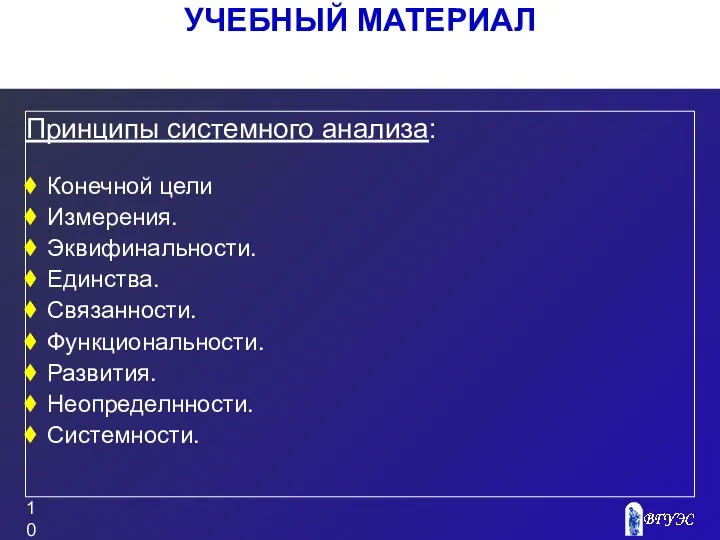 УЧЕБНЫЙ МАТЕРИАЛ Принципы системного анализа: Конечной цели Измерения. Эквифинальности. Единства. Связанности. Функциональности. Развития. Неопределнности. Системности.