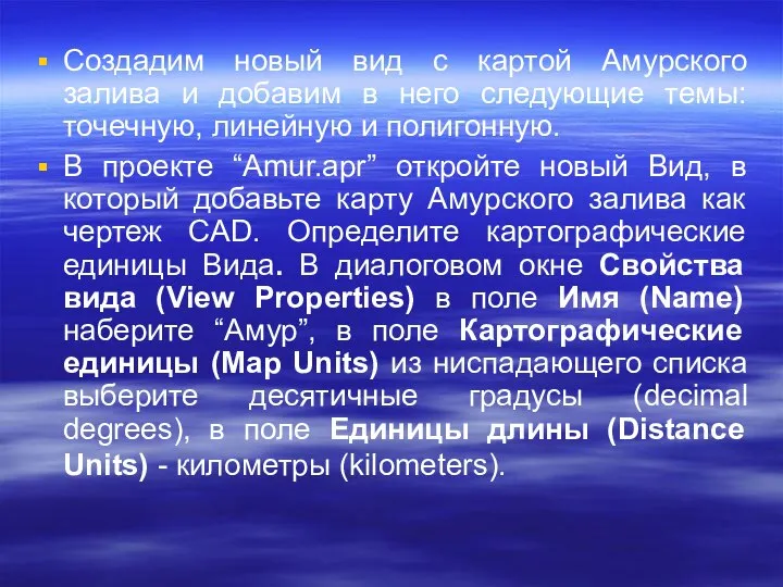 Создадим новый вид с картой Амурского залива и добавим в него