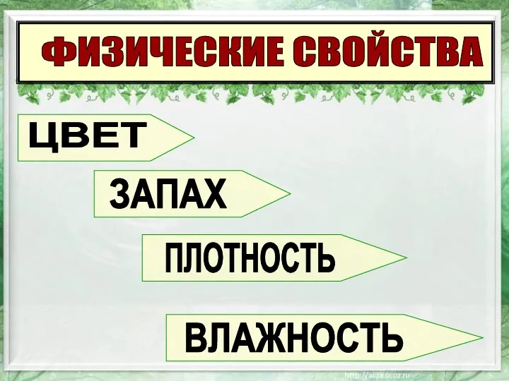 ФИЗИЧЕСКИЕ СВОЙСТВА ПЛОТНОСТЬ ЦВЕТ ВЛАЖНОСТЬ ЗАПАХ